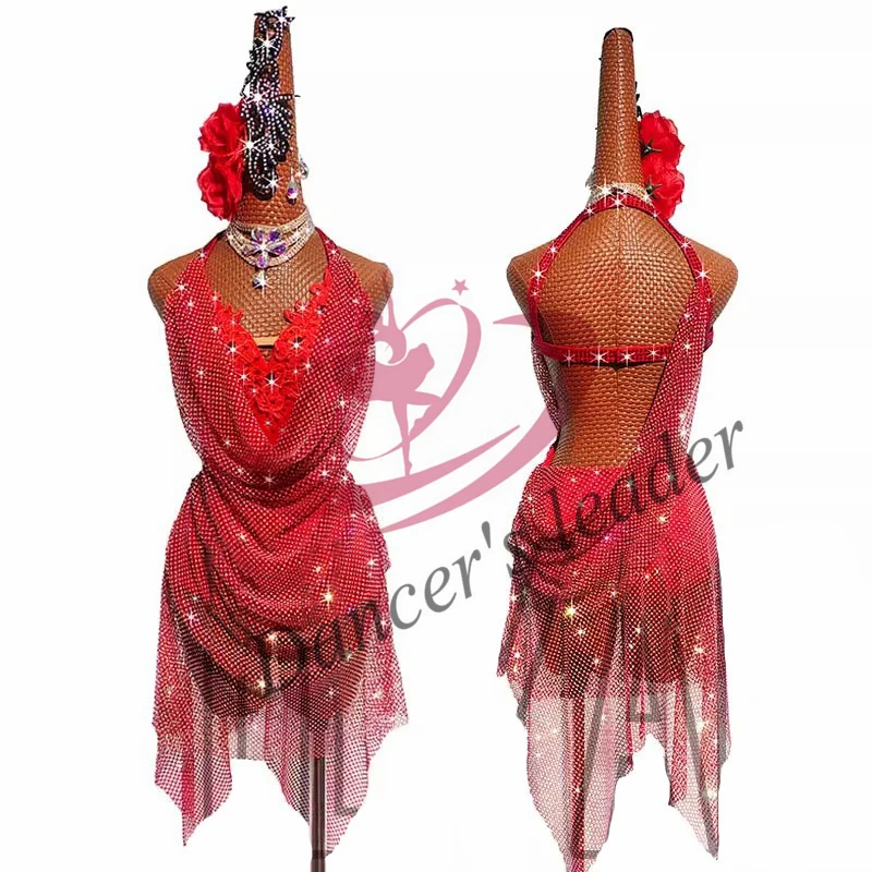 

Latin Dance Competition Stage Performance Women's Clothing Kids High-end Custom Red Grid Rumba Tango Blackpool Dress
