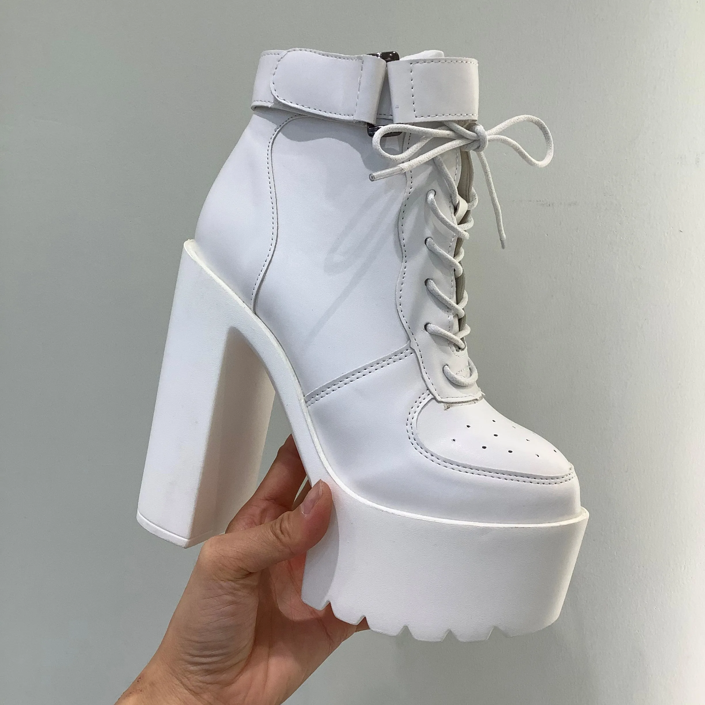 Chunky Heel White Lace Up Ankle Boots Womens Womens Fashion Ankle
