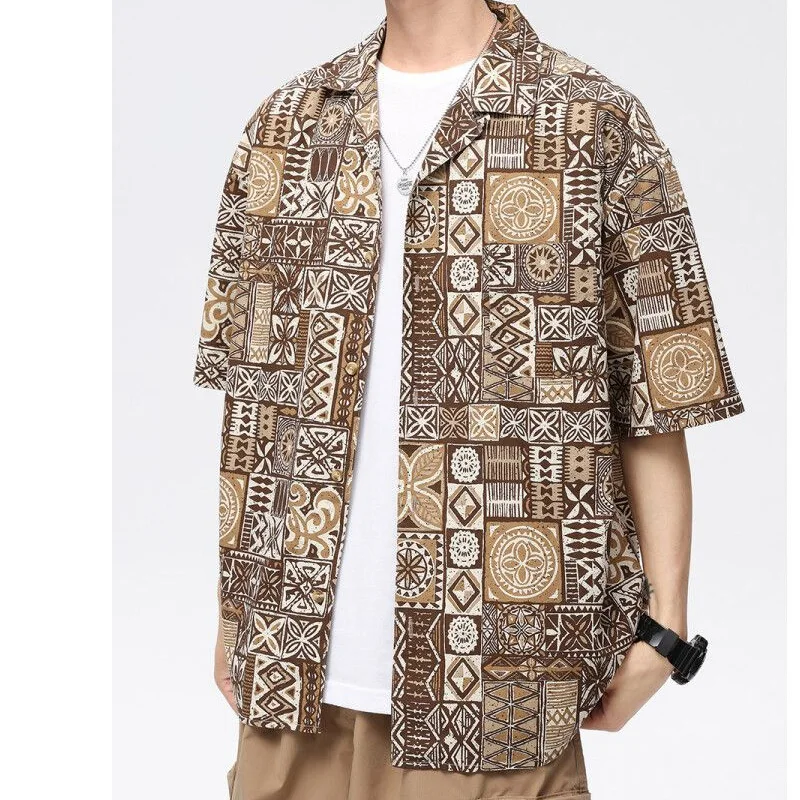 Summer New Turn-down Collar Fashion Short Sleeve Shirt Man High Street Casual Loose Button Cardigan Y2K Printing All-match Tops