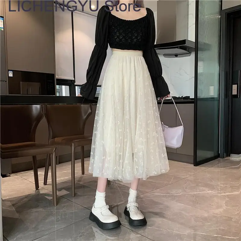 Spring Elastic High Waist Butterfly Embroidered Lace skirts Women Sweet All-match Long Skirt Female Fashion White