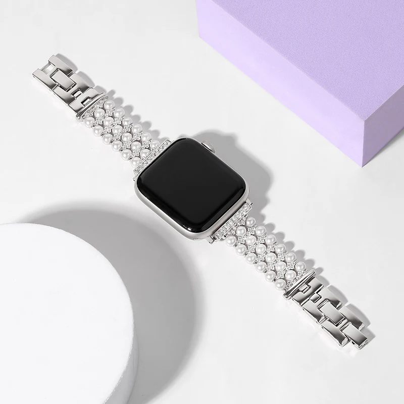 Pearl Diamond Strap For Apple watch band 45mm 44mm 42mm 41mm 40mm 38mm Women High-end bracelet iWatch series Ultra 8 7 6 5 4 SE