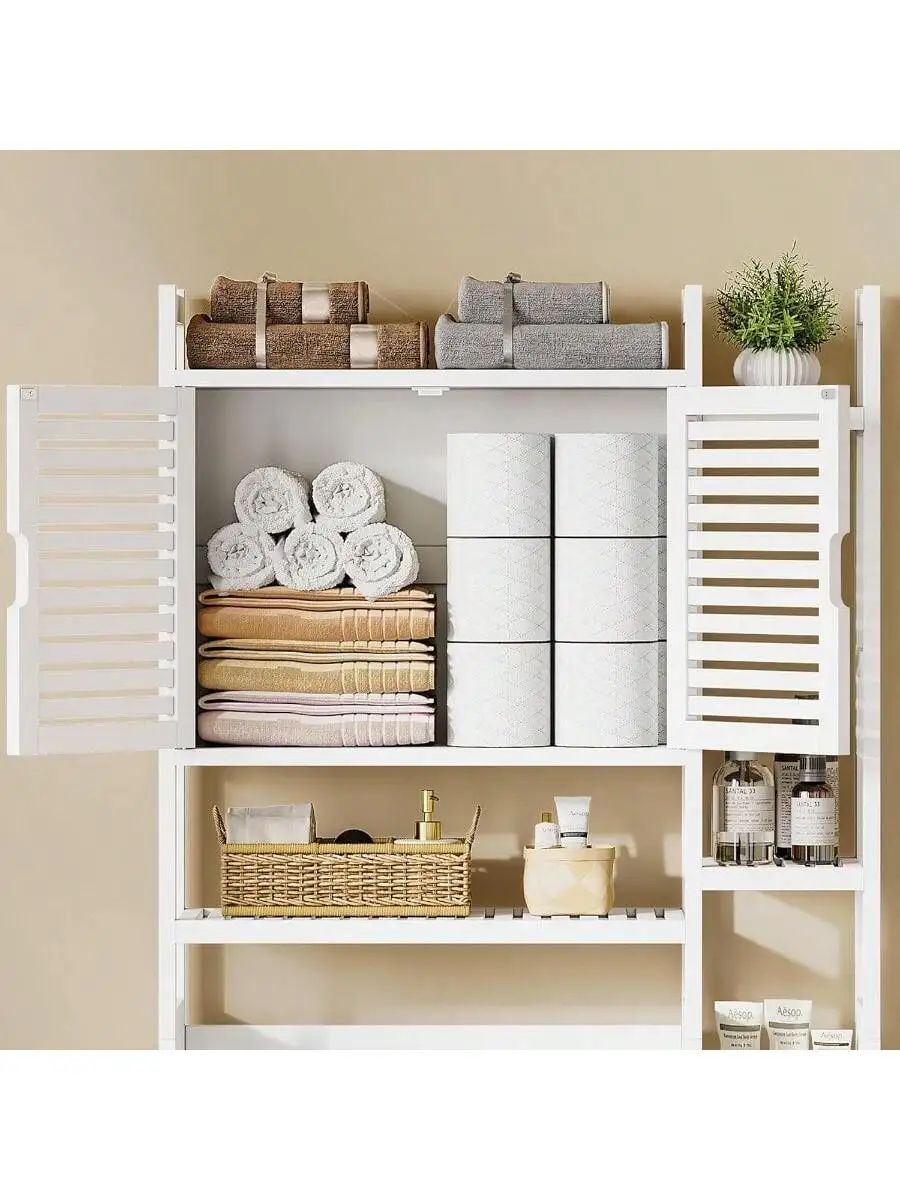 Over The Toilet Storage Bamboo Over-The-Toilet Cabinet with Shelf and Waterproof Feet Pad Space Saver Storage Rack for B 4