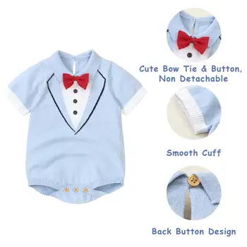 Newborn Baby Boys Clothes Cotton One Piece Romper with Cute Bow-tie Button Snap Baby Boy Short Sleeves Gentleman Outfit Jumpsuit 2