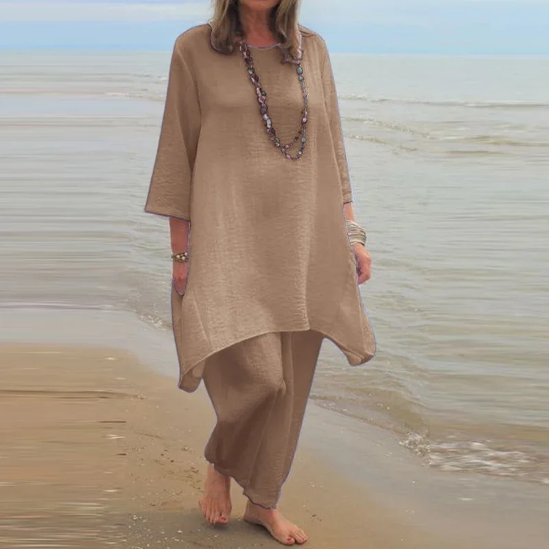 

Spring Summer Women's Clothing Outfits Female Casual Two-Piece Set Fashion Cotton Linen Tops Pullover and Loose Pants Beach Suit