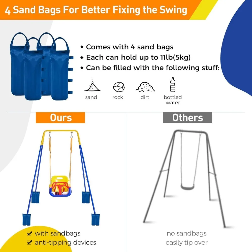 3-in-1 Toddler Swing Set with 4 Sandbags, Indoor/Outdoor Baby Swing with Foldable Metal Stand, Kids Swing Set Clear Instructions 5