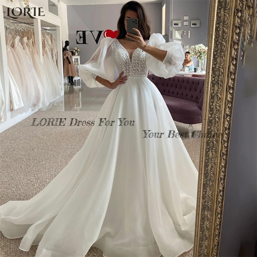 LORIE Vintage Lace Wedding Dresses V-Neck Puff Sleeves A-Line Appliques Bridal Gowns Princess Bride Dress robe de mariée 2024 2