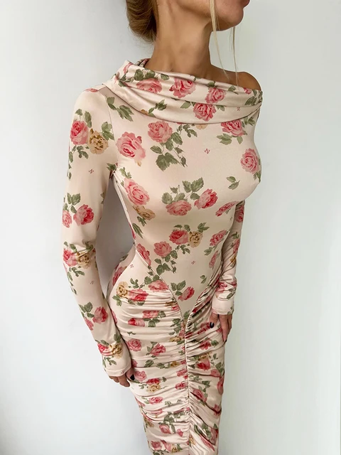 Mozision Diagonal Collar Long Sleeve Sexy Midi Dress Women Gown Elegant Backless Ruched Bodycon Club Party Long Dresses Female 1