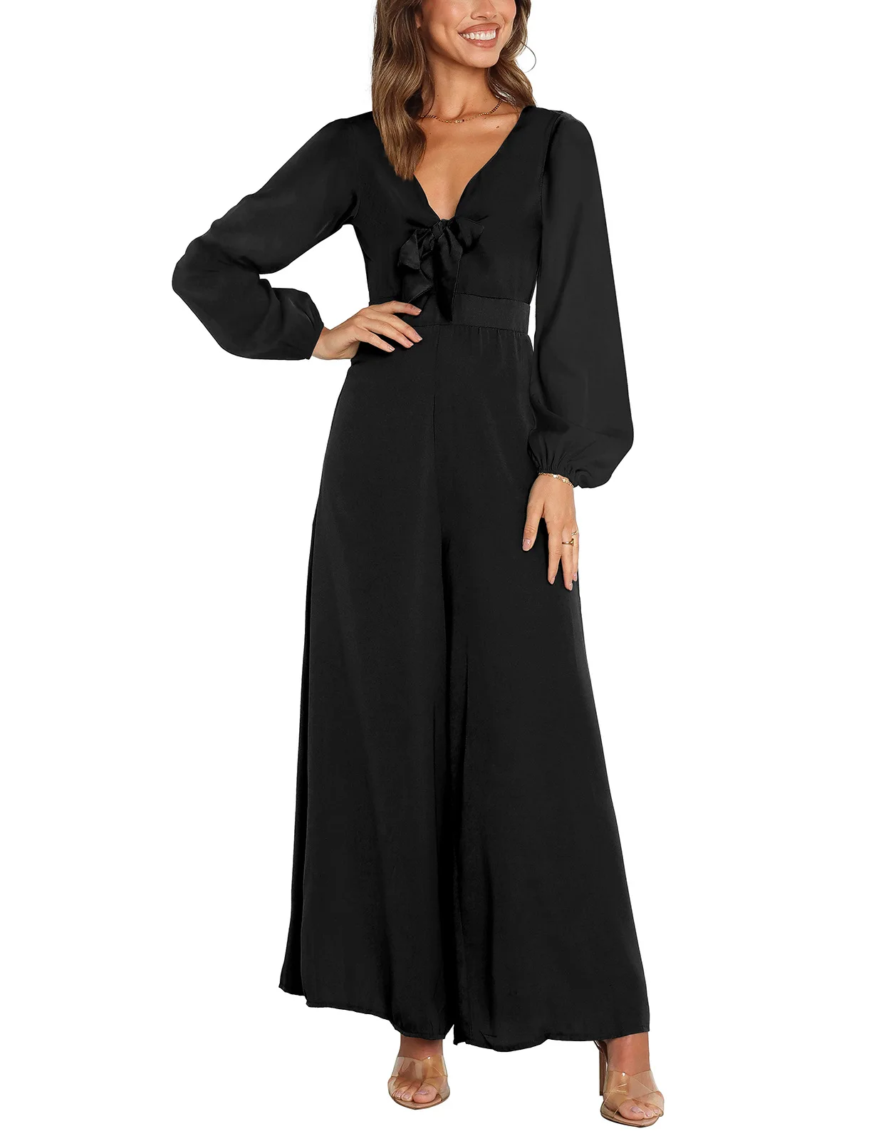 

Fashion Women Jumpsuits Long Sleeve Wide Leg Pants Solid Color V Neck Bowtie Romper Jumpsuits Sexy Outfits for Woman