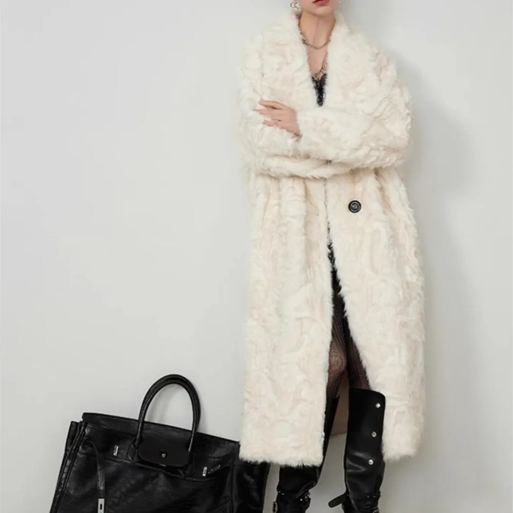 Winter Large Lapel Shaggy Faux Curly Sheep Fur Coat CHIC Single