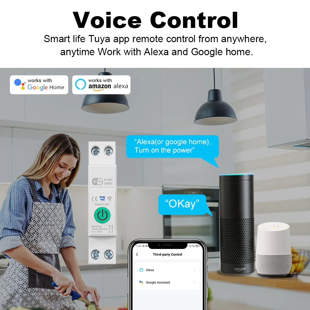 Tuya WiFi Smart Circuit Breaker 1P+N 63A Din Rail Switch With Electricity Statistics Remote Voice Control For Alexa Google Home