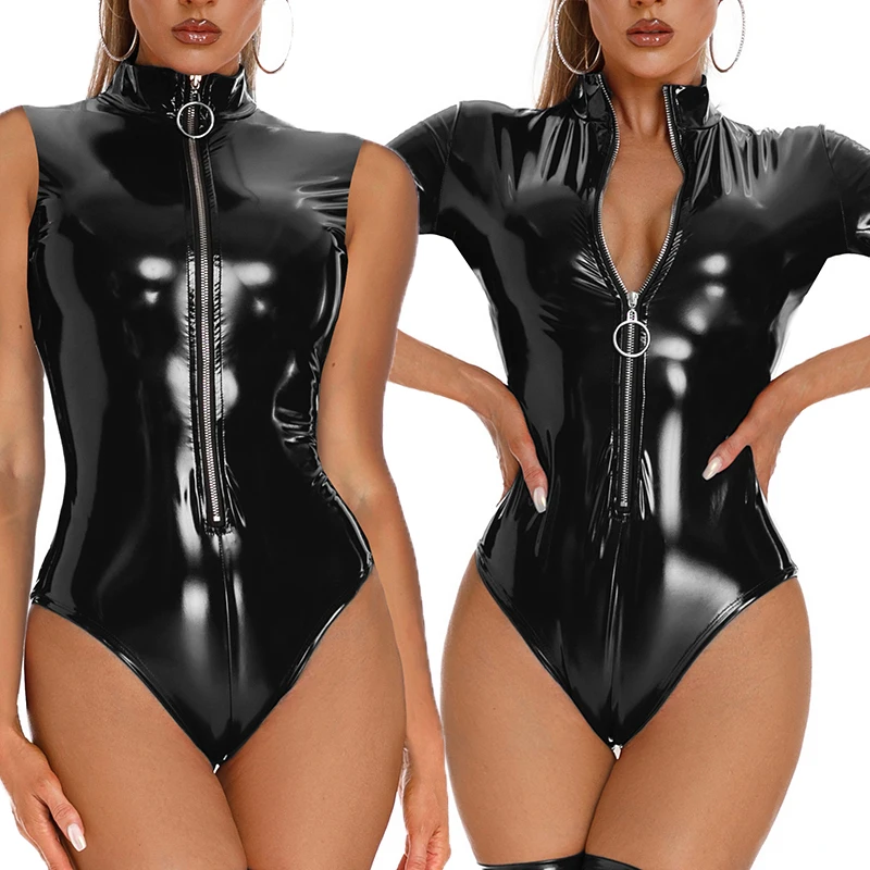 

Womens Bodysuits PU Leather Zipper Latex PVC Jumpsuits Nightwear Lingerie Rompers Teddies Playsuits Sexy Costume Catsuits 3XL