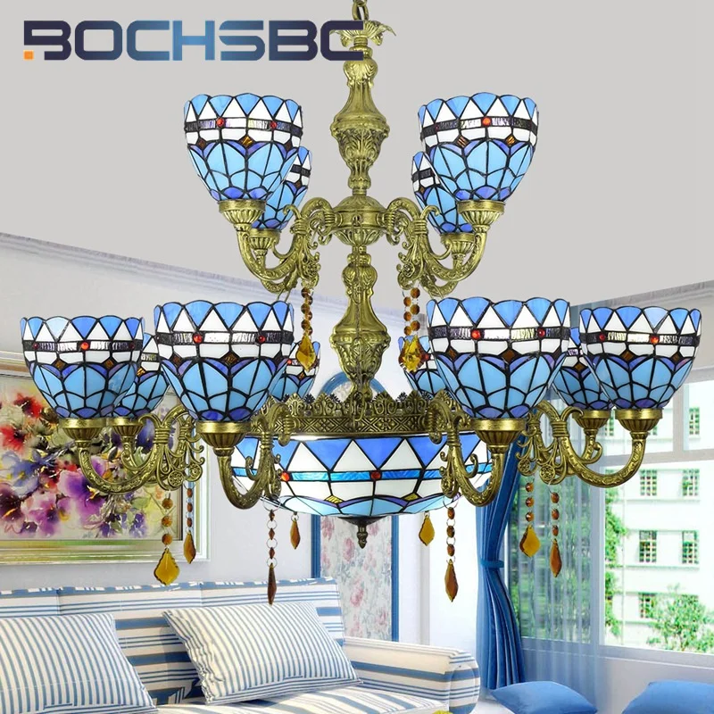 

BOCHSBC Tiffany style stained glass Mediterranean blue double 12 head crystal chandlelier hotel living room dining room LED deco