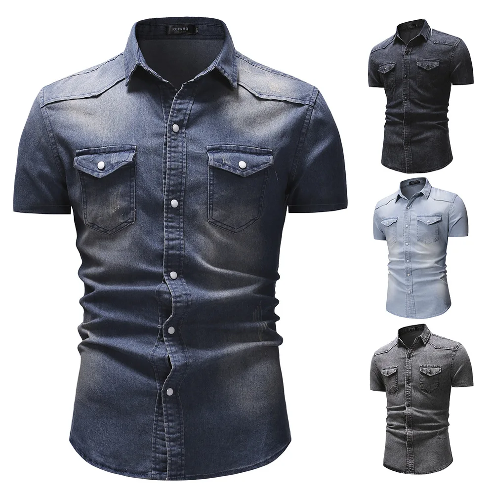 Summer New Simple Men Denim Shirt Casual Business Mens Short Sleeve Shirts Fashion Polo Collar Male Tops denim shirt