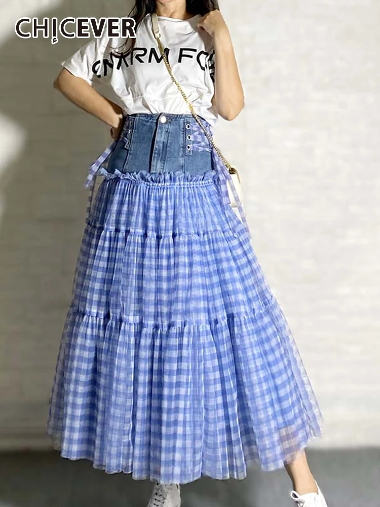 

CHICEVER Plaid Ball Gown Skirts For Women High Waist Patchwork Denim Hit Color Loose Casual Pleated Mesh Skirt Female Summer New