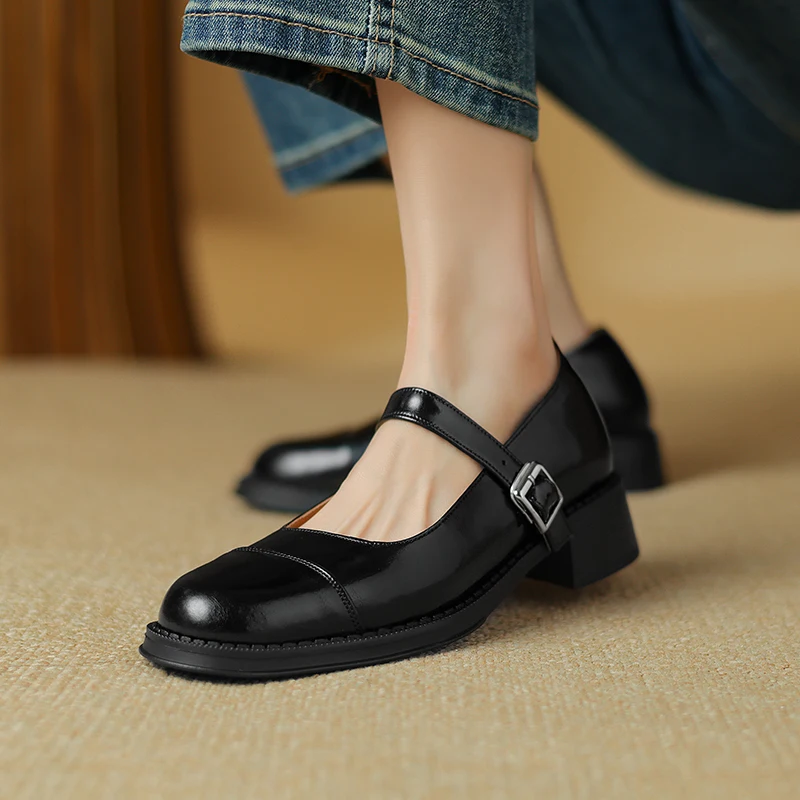 Fashion Spring Summer New Round Toe Concise Women Pumps Solid Split Cow Leather Buckle Square Low Heels Female Shoes Size 34-39