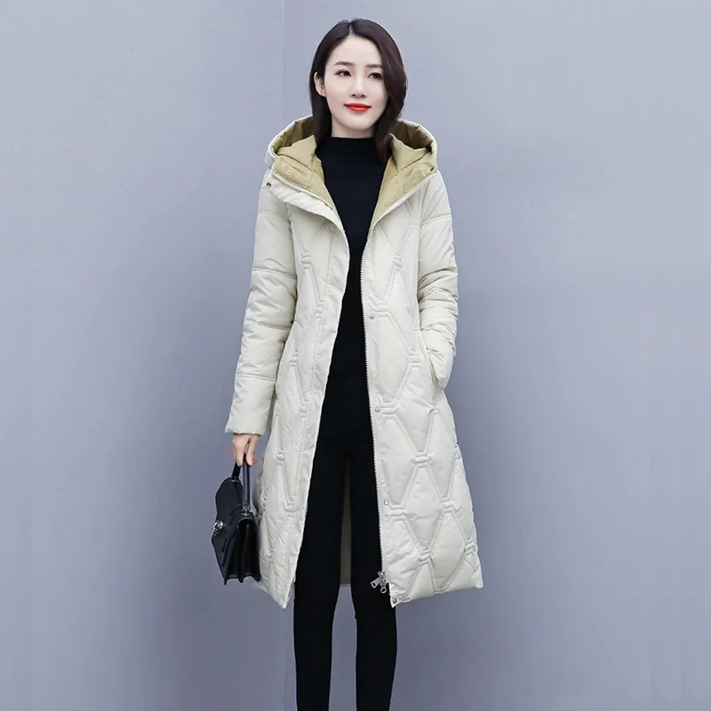 

Winter Women Mid-length Hooded Lightweight Down Cotton-padded Coat Beige Black Casual Long Sleeve Female Warm Cotton Overcoat