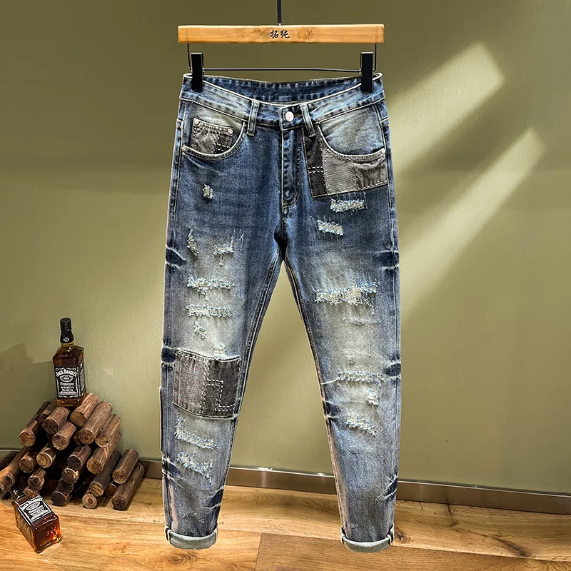 Street Beat Personality Splicing Casual Jeans Broken Stretch Slim Embroidery Patches Flap Small Straight Men's Pants