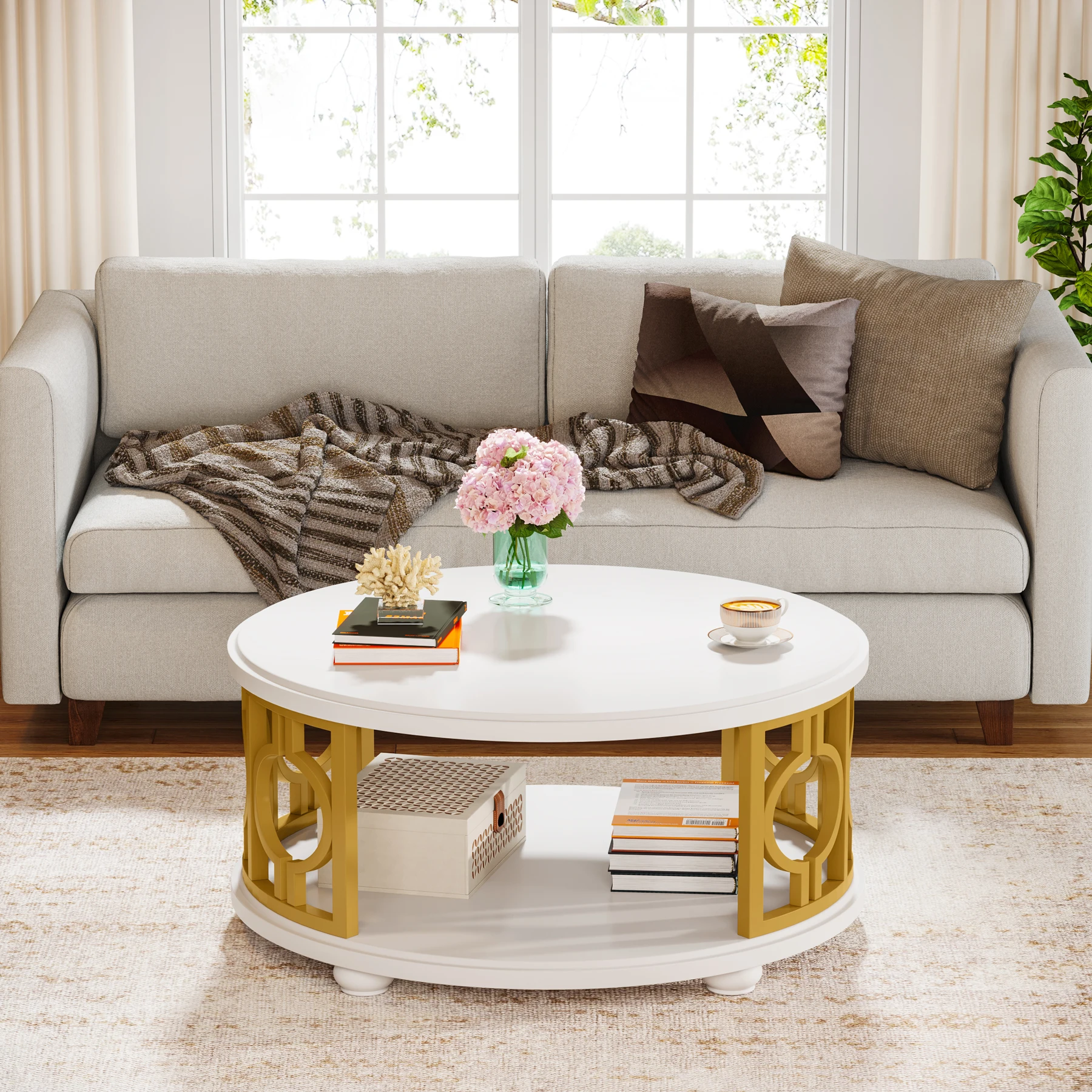 Tribesigns Round Coffee Table, 2-Tier Circle Coffee Table with Storage Shelf, Modern Center Table for Living Room & Office, Whit