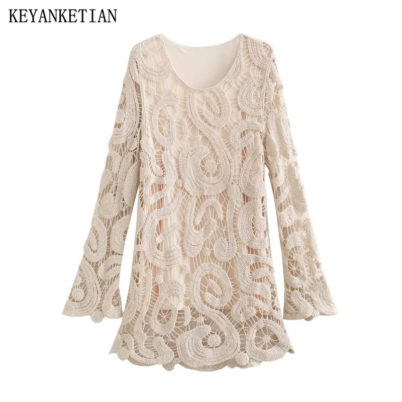 

KEYANKETIAN Autumn New Women's Crochet Dresses Boho Holiday Wind O-Neck Lace Flared Sleeves Mini Dress Cream-Coloured Skirt