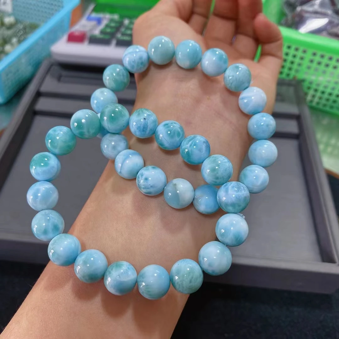 

Natural Blue Larimar Gemstone Bracelet Genuine Women Men 11mm Stretch Round Beads Bracelet Water Pattern larimar Jewelry AAAAAA