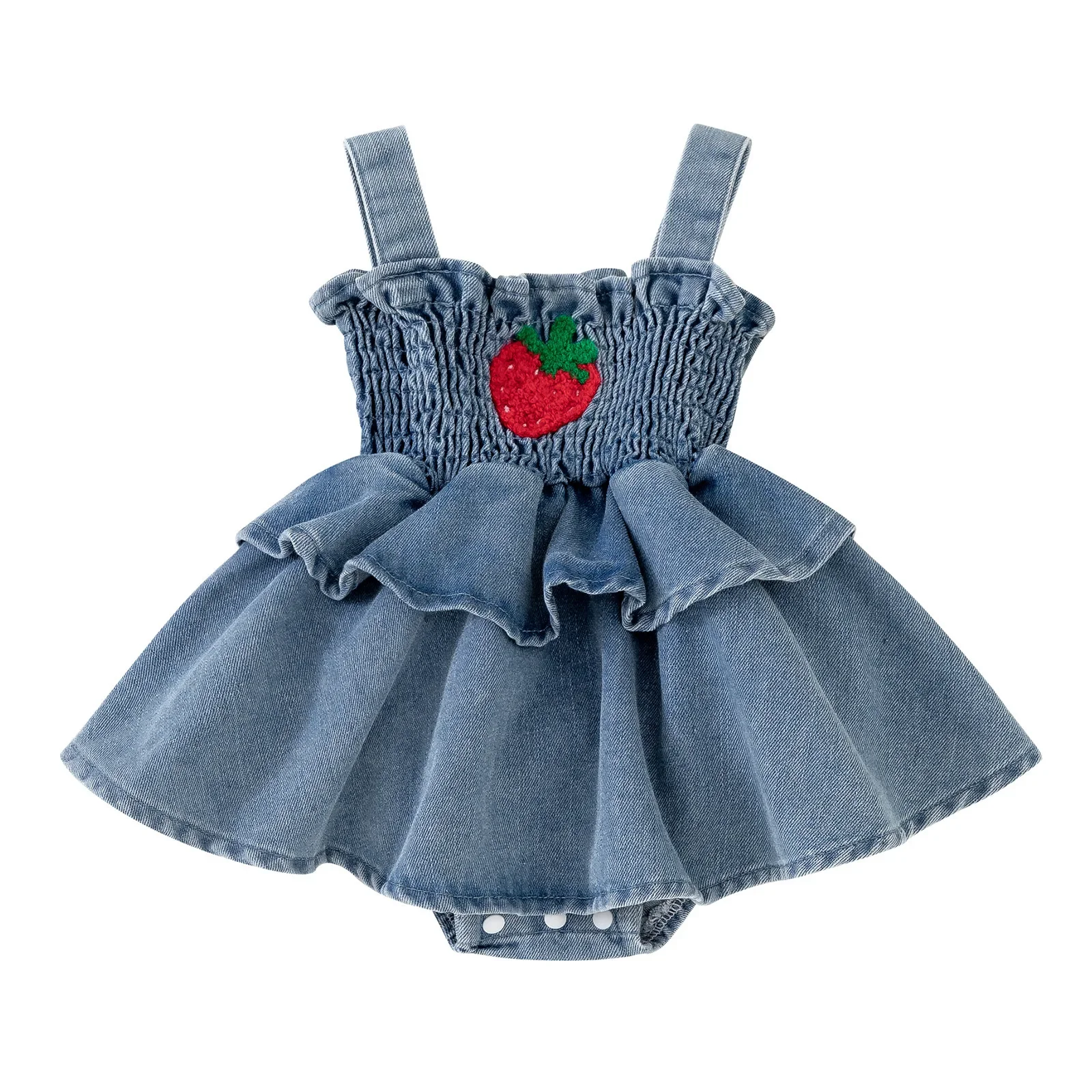 Cute Strawberry Straps Denim Dress Baby Girl Summer Cross-Border Infant Clothing Foot Covering Crawling Suit