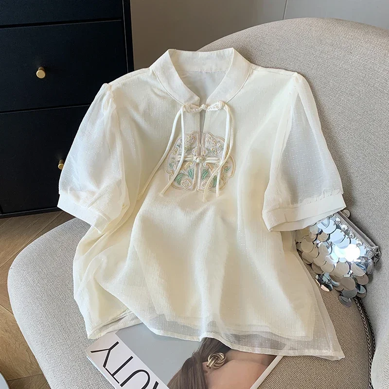 Women's Chiffon Summer Blouses, Vintage Embroidery Clothing, Loose Short Sleeve Tops, Floral 2024 Korean