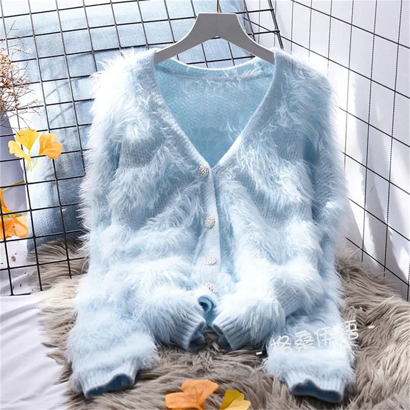 Fashionn Imitation Knit Coat Women's Outerwear Knit Jacket White Short Sweater Cardigan Women's Loose And Lazy Autumn New Korean