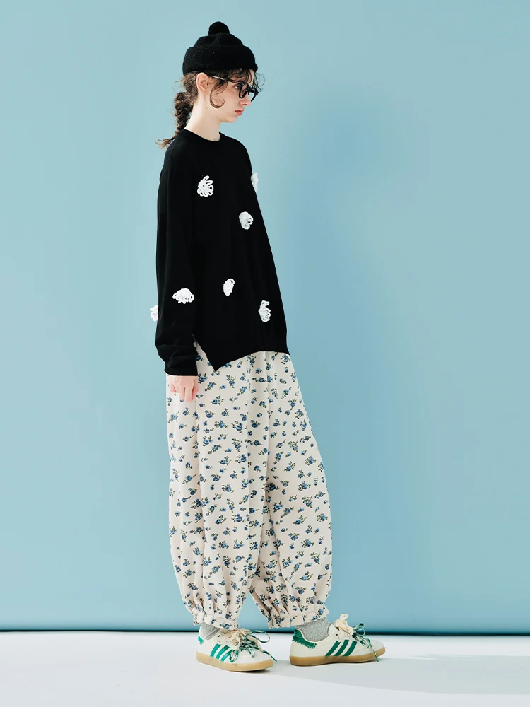 IMAKOKONI original design elastic waist floral loose casual fashionable wide leg pants 244886