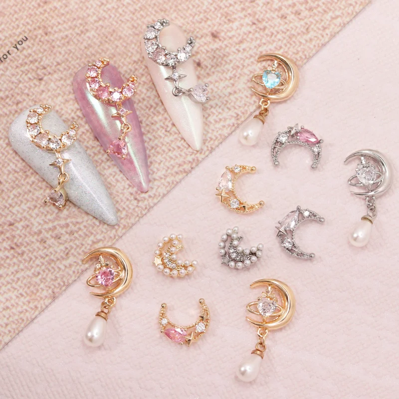 

10PCS Pearl Moon Series Nail Art Decorations Luxury Zircon Alloy Pendant Nail Charms AB Rhinestones Fairy Accessories Ornament