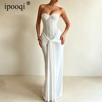 ipooqi Elegant White Sequin Mermaid Evening Maxi Dress Luxury Strapless Sweetheart Backless Formal Party Gown Vestidos De Fiesta 1