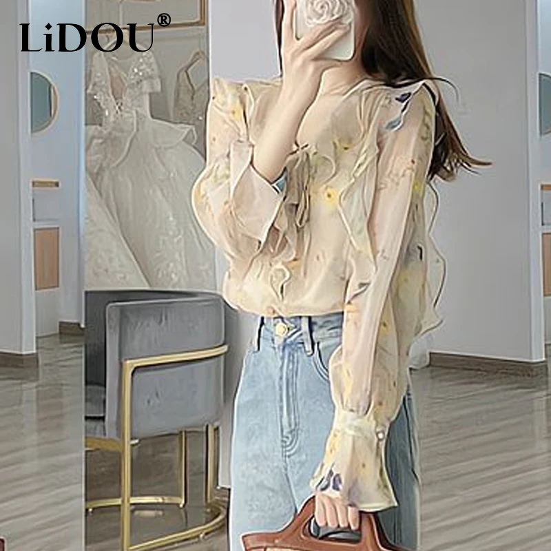 2023 Spring Summer New Floral Printing Blouse Women Vintage V-neck Flare Sleeve Thin Style Shirt Ladies Ruffles Temperament Tops