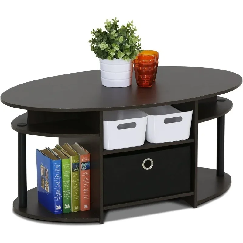 Jaya Simple Design Oval Coffee Table with Bin for Living Room, Walnut 4