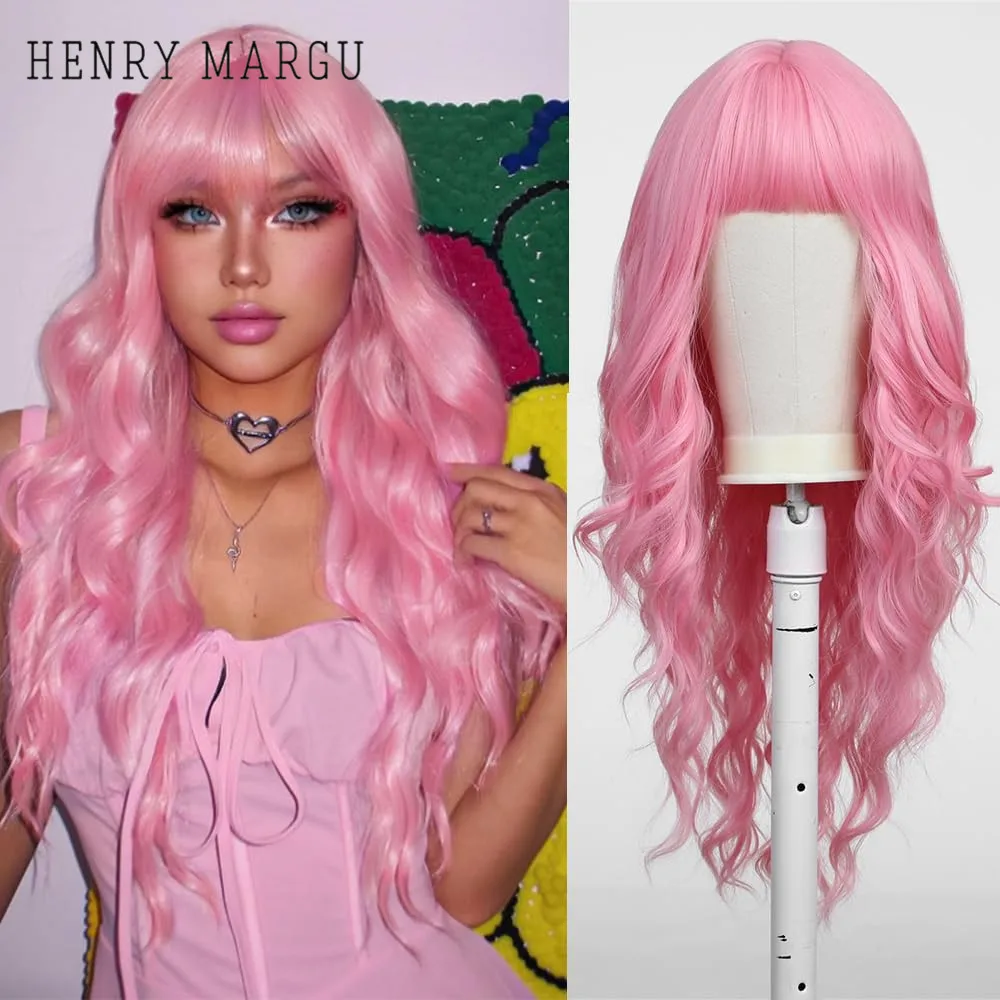 HENRY MARGU Pink Synthetic Wig with Bangs Long Pink Curly Wigs for Women Heat Resistant Fiber Wigs for Girls Cosplay Party Use
