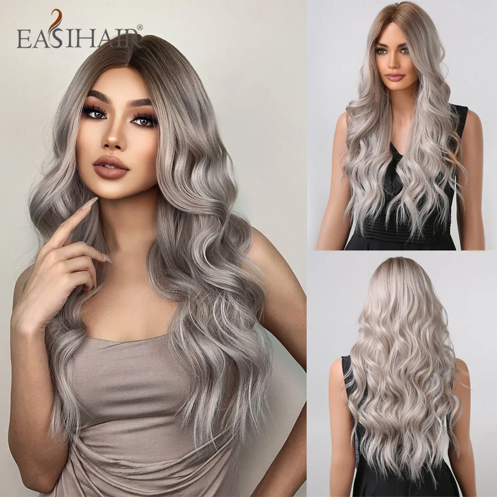 

EASIHAIR Long Wavy Synthetic Wigs Platinum Blonde Natural Wave Wigs for Women Daily Silver Gray Ash Fake Hairs Heat Resistant