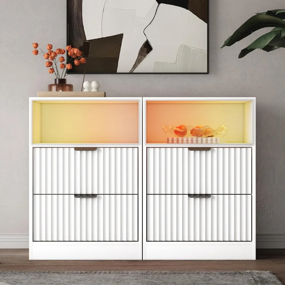 LED Nightstand with Charging Station, Fluted Design, 2 Drawers, RGB Lights, Modern Bedside Table