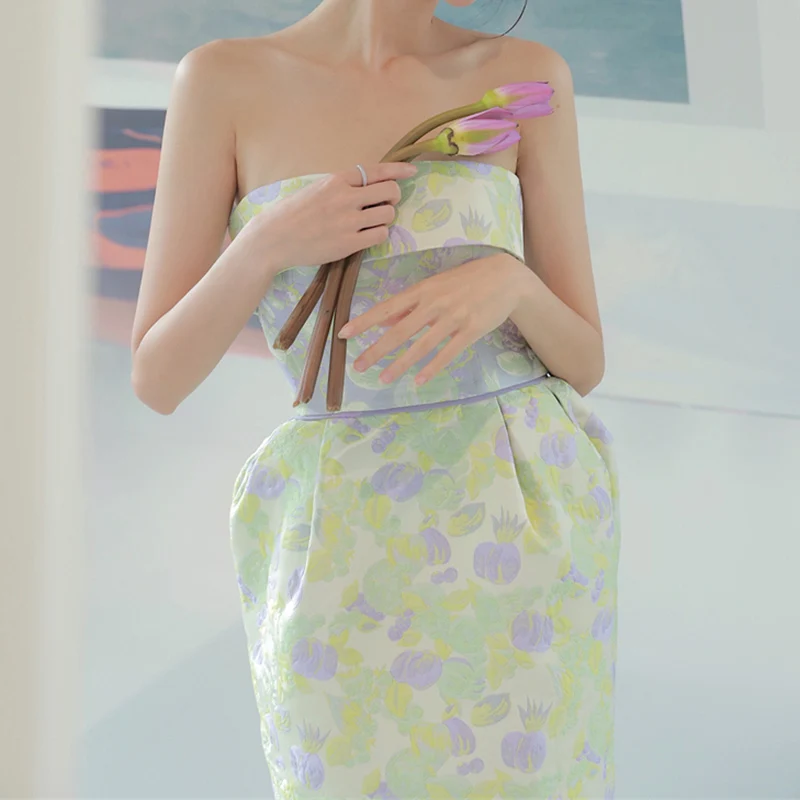 

Luxury Vintage Women Dress Jacquard Flower Strapless Elegant Bodycon Lady Clothing Sleeveless Summer Party Vestido