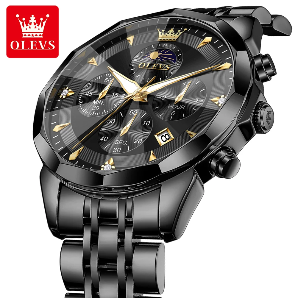 OLEVS 3673 Men's Watch Steel Strap Original Moon Phase Quartz Watch For Men Rhombus Mirror Chronograph Waterproof Man Wristwatch
