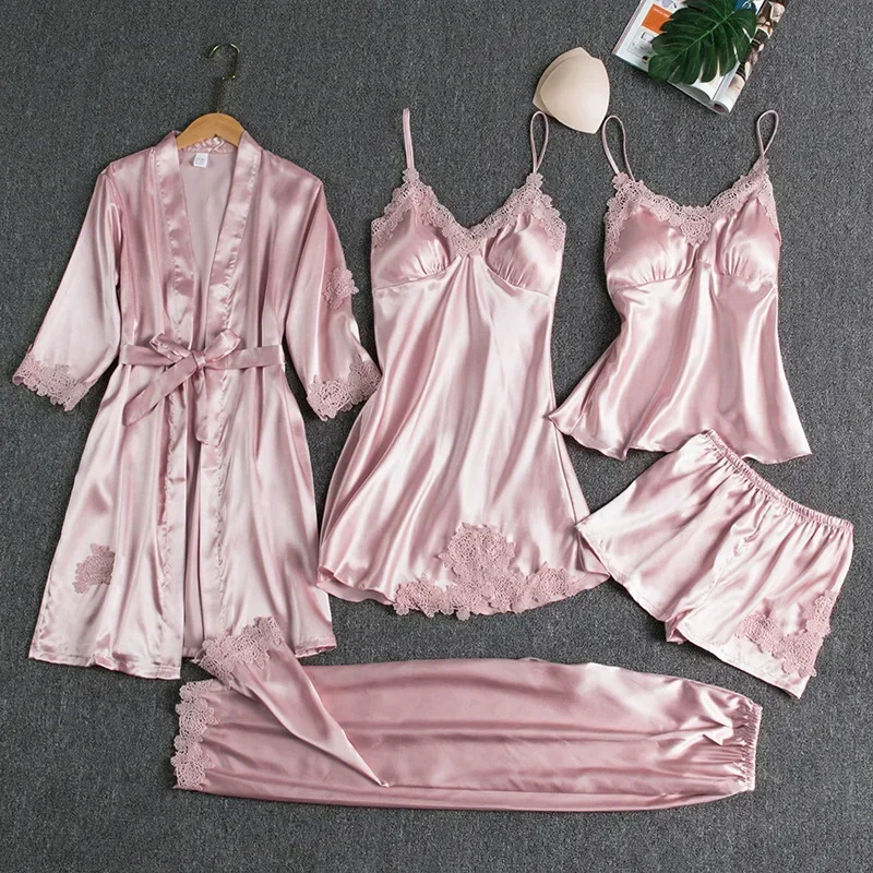 24New Women's pajama Satin 5PCS Summer Lace Patchwork Sexy Women Nightwear Thin Style Robe Sleep Suit Nightdress With Chest Pads