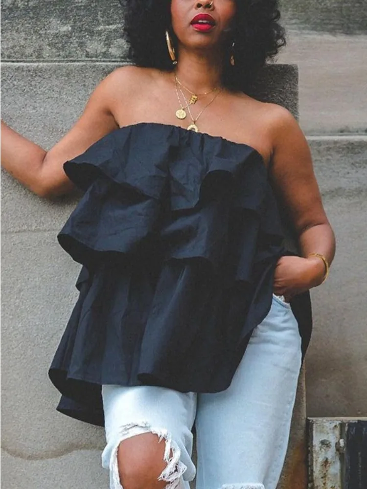 

Bonboho Cotton Solid Color Loose Fit Strapless Tops for Women 2024 Summer Fashion Tube Shirt Multi-layered Ruffles T-shirt