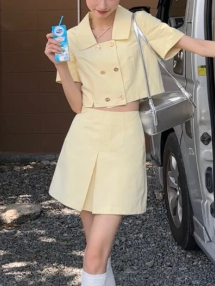 

Yellow France Vintage Two Piece Set Women Summer Elegant Party Mini Skirt Suit Female Solid Korean Fashion Slim Skirts Suit 2023
