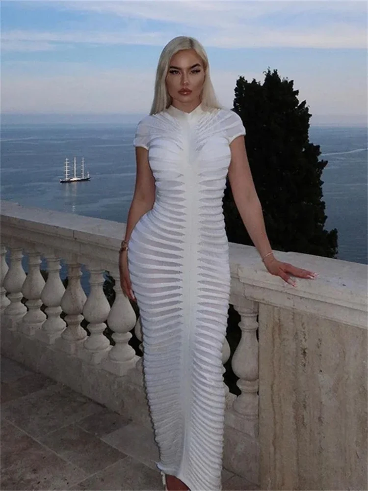 

Sexy White Sheer Bodycon Maxi Dress Spring Outfits For Women 2024 Short Sleeve Pleated Long Dress Casual Vacation Dresses