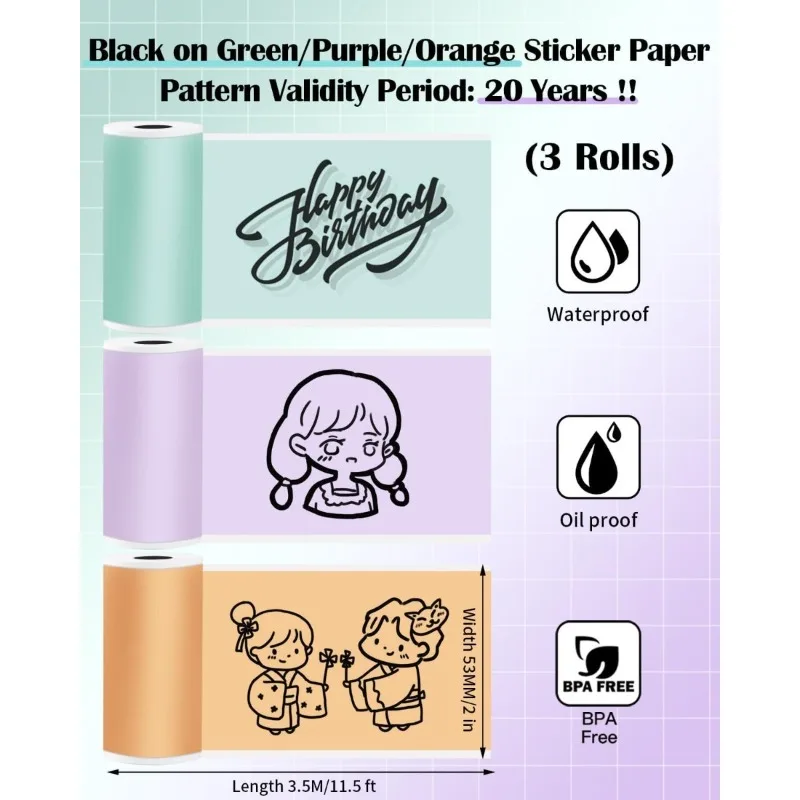 Color Thermal Sticker Paper for M02/T02/M02 Pro/M02 Mini Sticker Printer,Black on Mint Green/Purple/Orange, 50mm x 3.5m, 3 Rolls