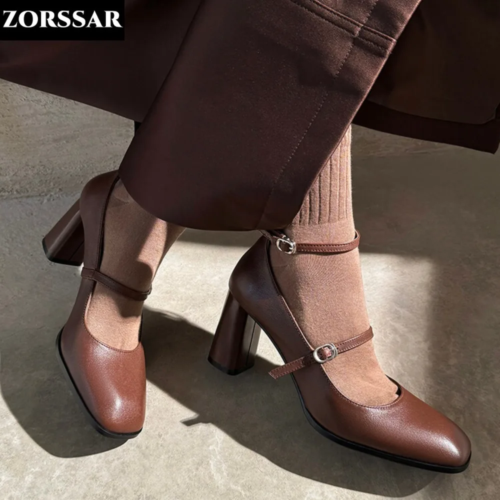 

Lady Pumps Square Toe Office Lady Pumps Double Buckle Strap Mary Jane High Heels Women Shoes Four Season Genuine Leather Shoes