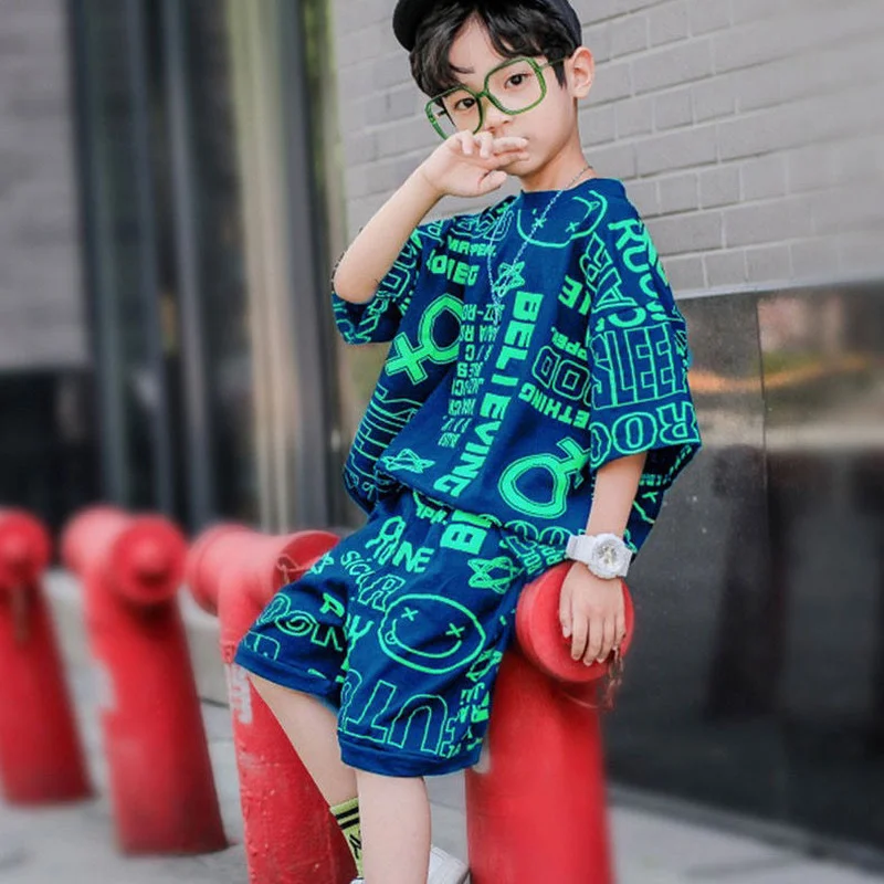 

Children Clothes Fashion Summer Baby teenage boy Clothing Boys hiphop korean Casual T-Shirt Shorts 2Pcs/Sets 6 8 10 12 years