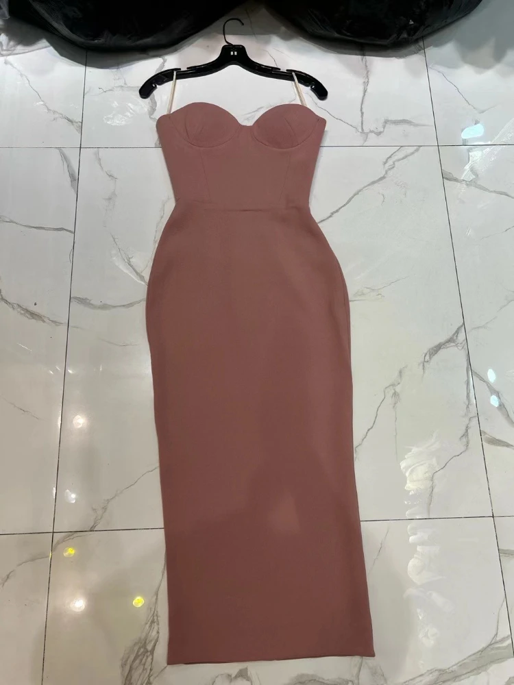 

2024 New Arrivals Spring Summer High Quality Brown Green Blue Sleeveless Midi Tube Dress