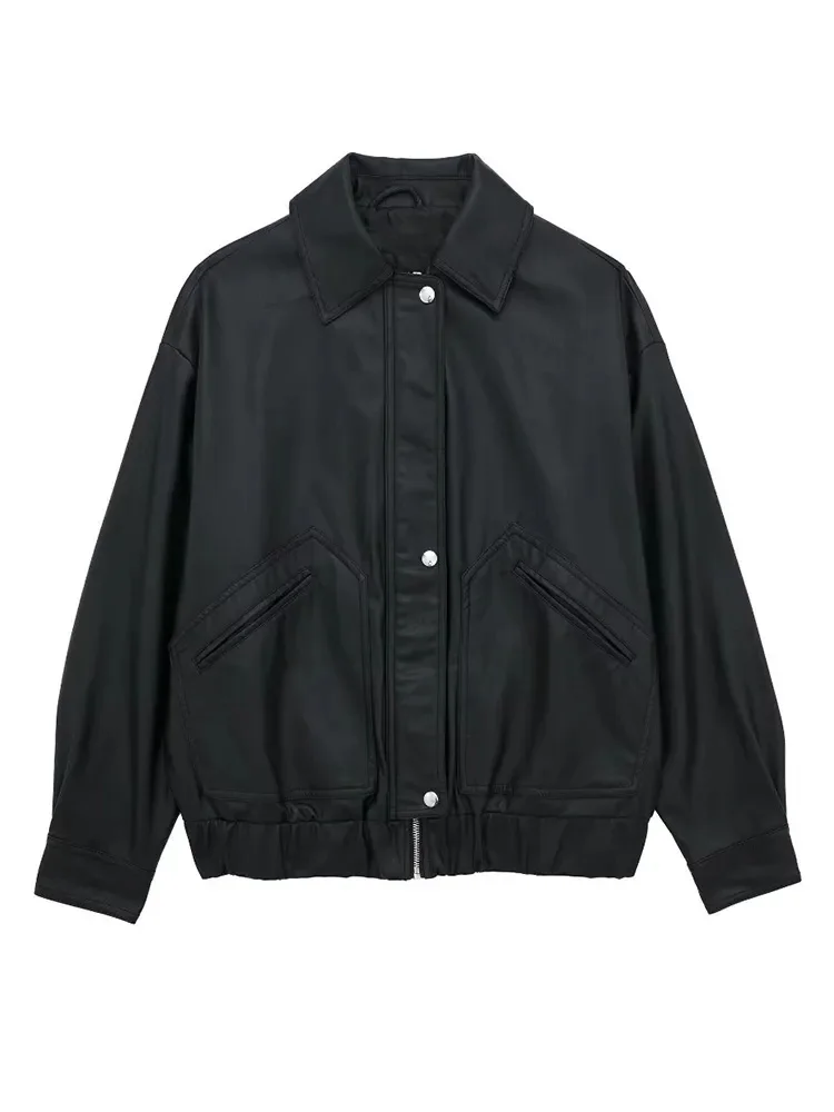 

HH TRAF Winter Women Loose PU Leather Jacket Zip Up Lapel Collar Moto Biker Outwear Faux Leather Long Sleeves Coats Streetwear