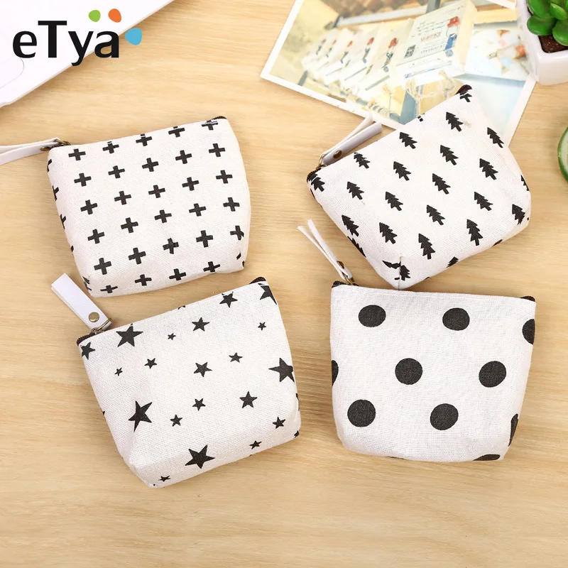 eTya Canvas Small Coin Purse Women Cartoon Cute Mini Change Pouch Ladies Key Car Card Money Bag Girl's Short Coin Holder Wallet