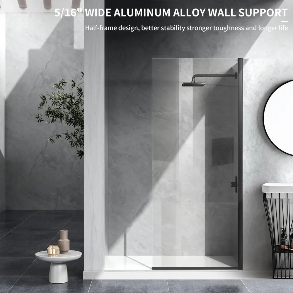 Shower Door Bathroom Semi-Framed Fixed Shower Glass Door Single Shower Screen in Matte Black Clear Tempered Glass Shower Door 6