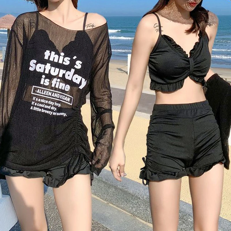 Summer Outfits for Women 2023 Ruffle Sweet Chic 3 Pcs Tankini Swimsuit Cover Ups Beach Bathing Push Up Bikini Swimwear Sets Ropa