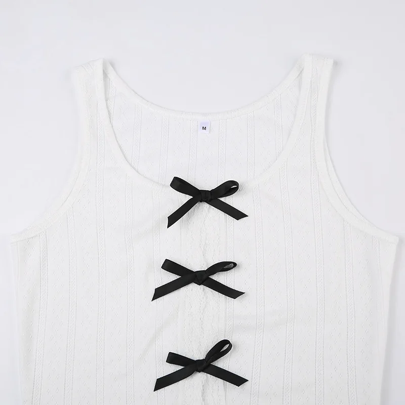 Lace Bow Splice Tank Top Women Sexy Hollow Out Slim Sleeveless Shirts Hot Girls Bodycon Fashion Crop Tops Woman Clothing